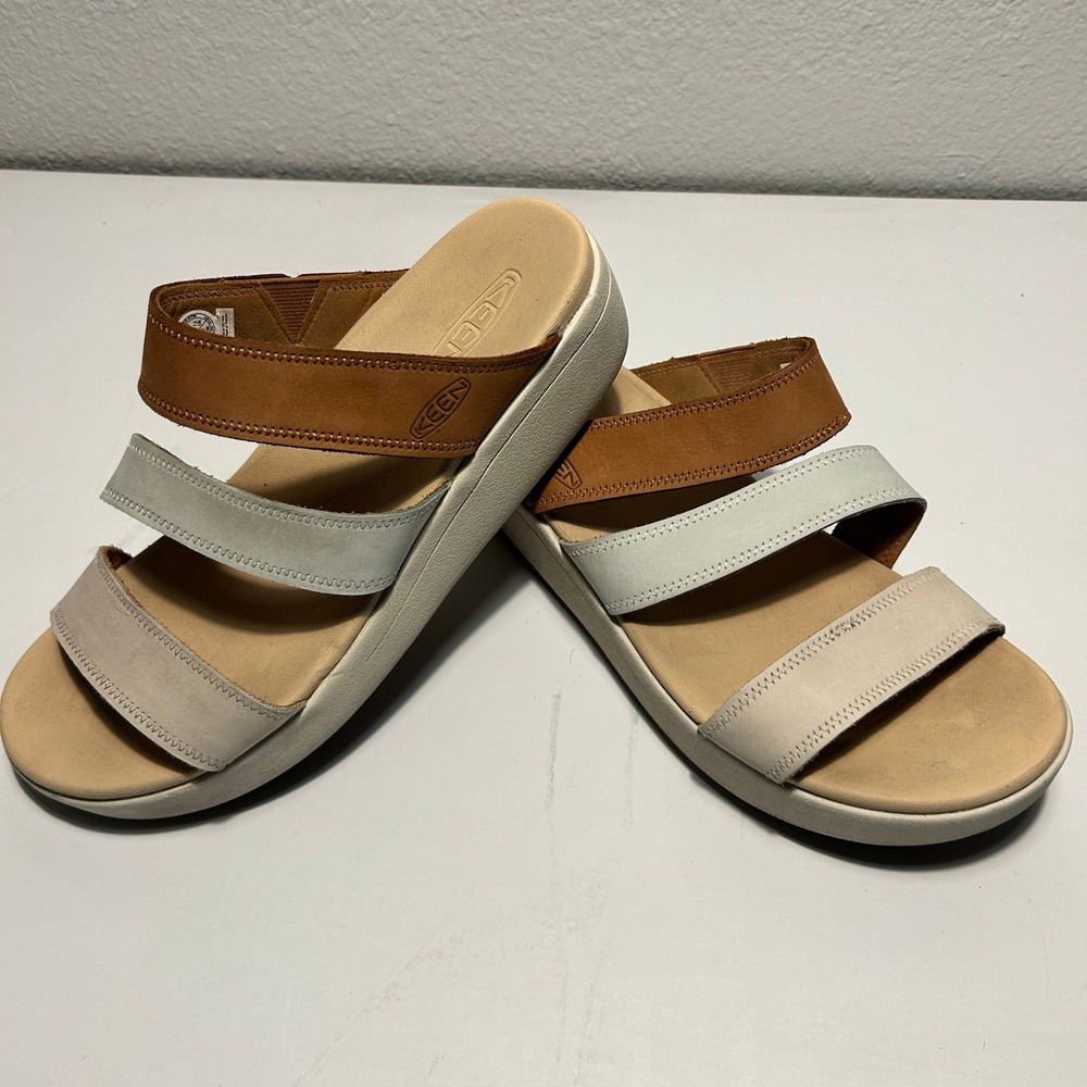 KEEN Elle Backless Slide Sandals Womens 10 Tan Beige Leather Triple Strap